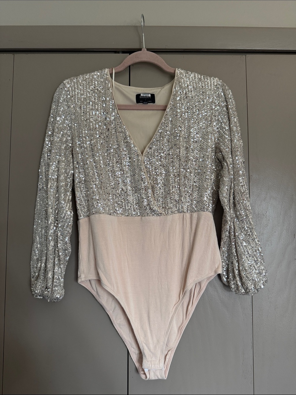Bardot Silver Sequin V-Neck Bodysuit with Cream Base
